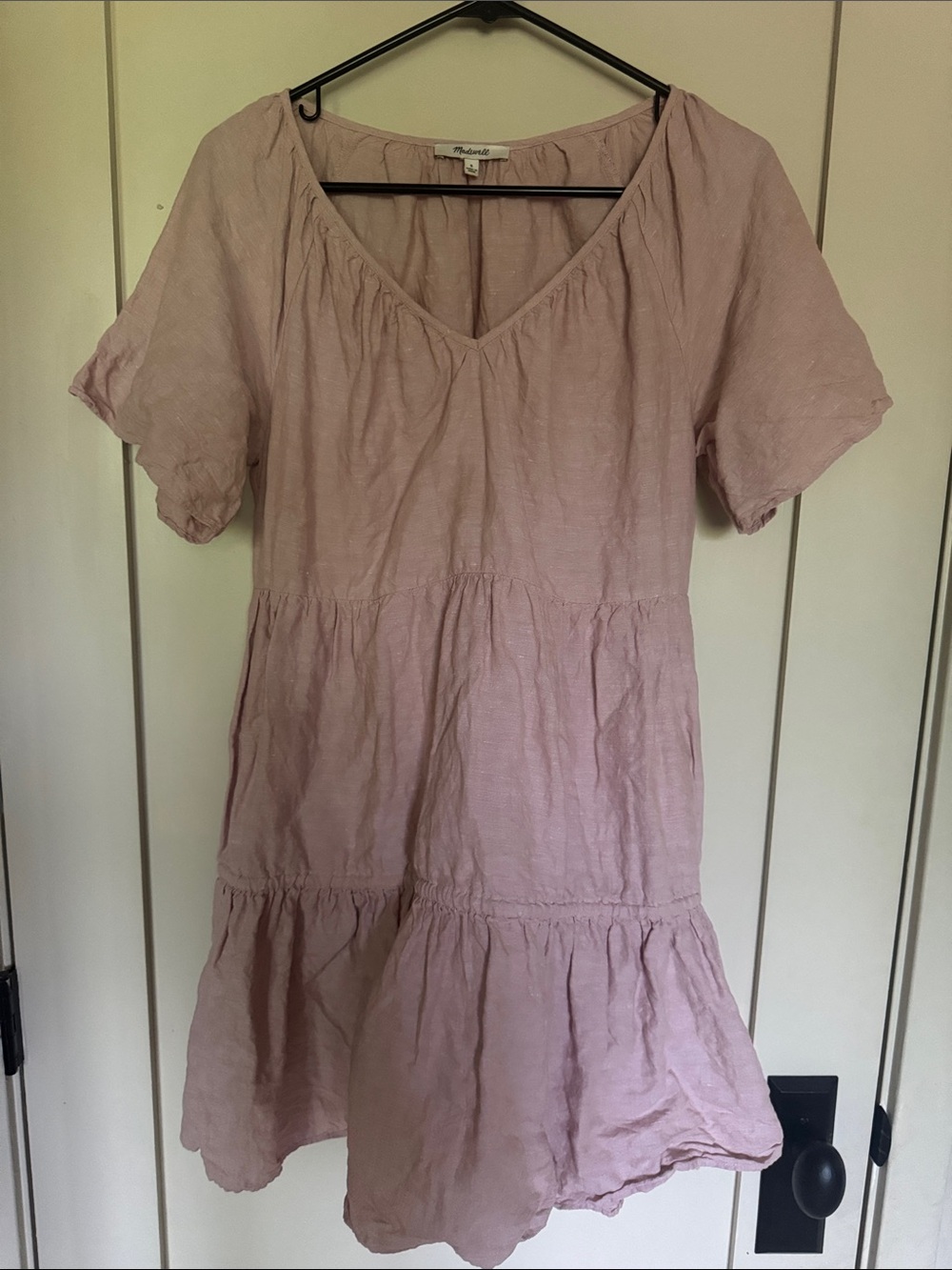 Madewell Mauve Tiered V-Neck Cotton Dress with pockets